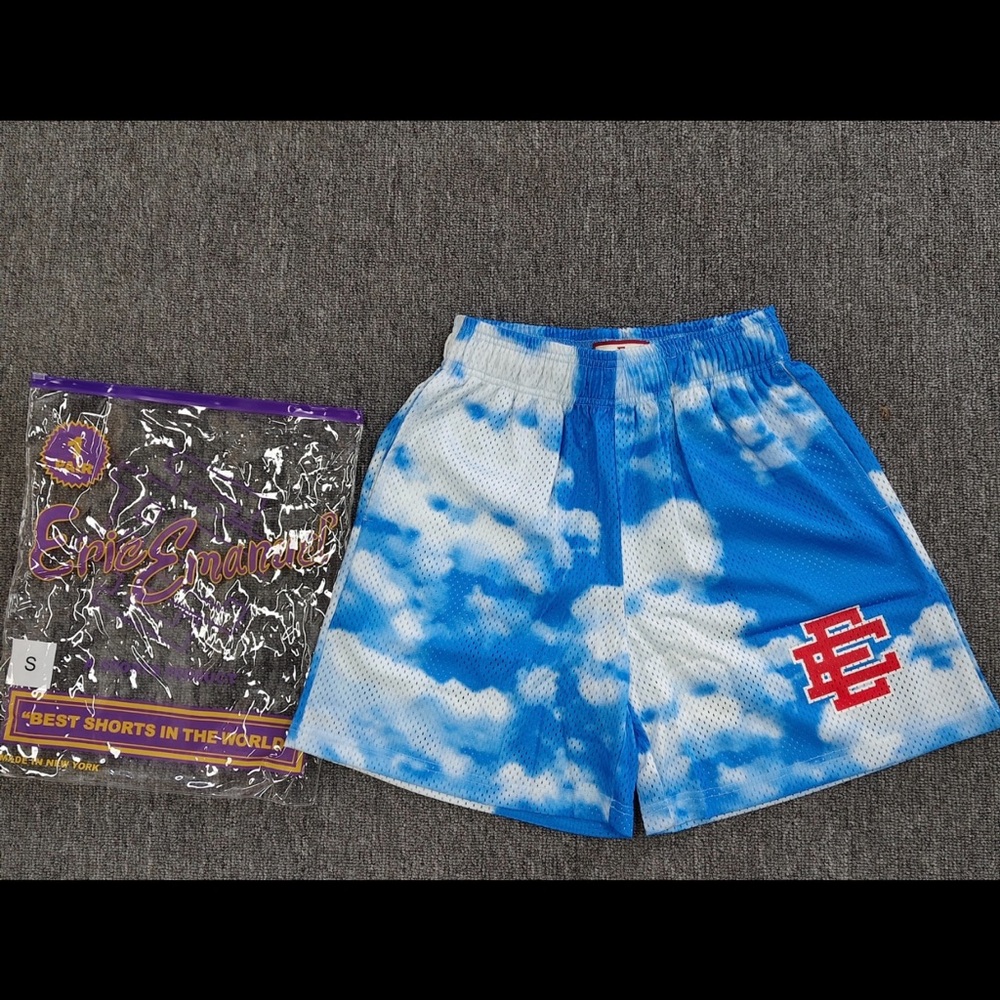 Eric Emanuel Blue and White Cloud Mesh Shorts with Red EE Logo